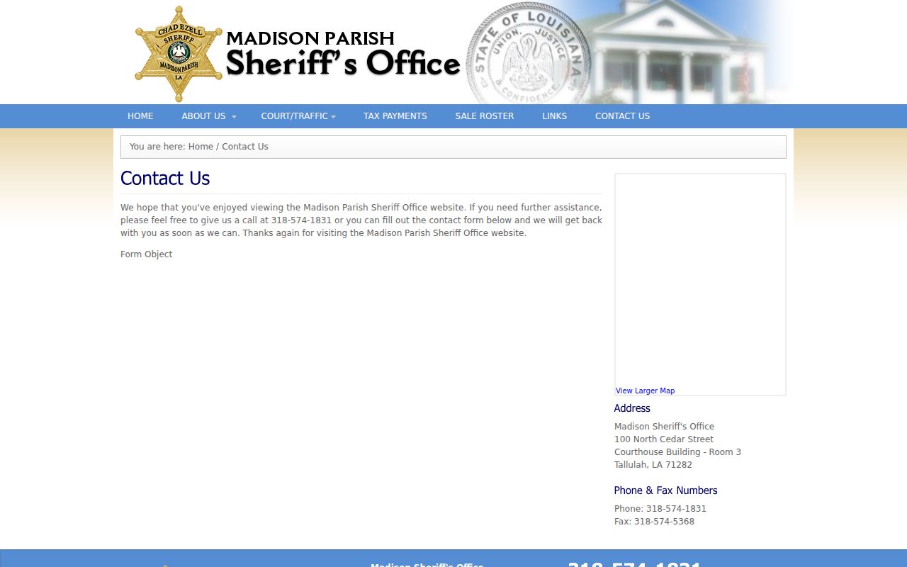 Madison Parish Sheriff's Office contact page with the Room 3 address used for warrant questions