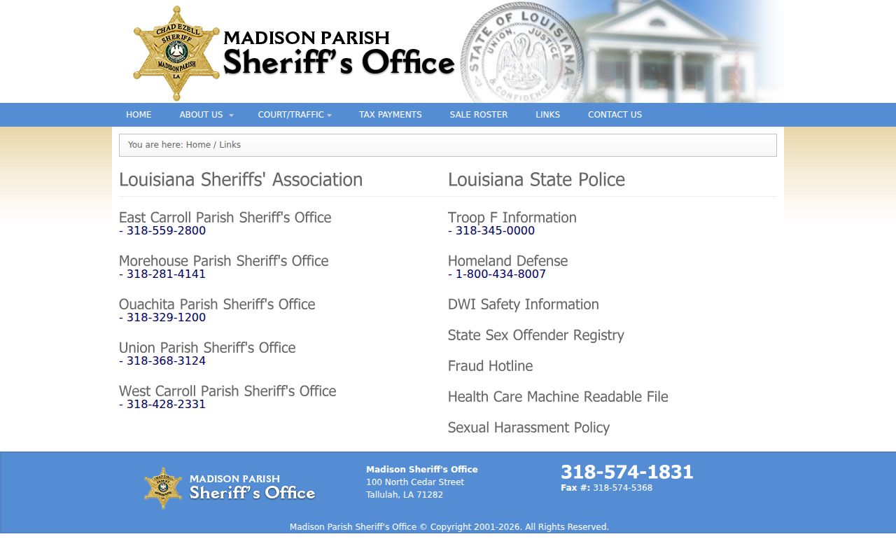 Madison Parish Sheriff's Office links page showing state police and agency resources for warrant questions