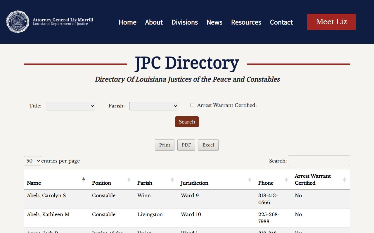 Louisiana justice court directory search page used for Madison Parish municipal warrant routing