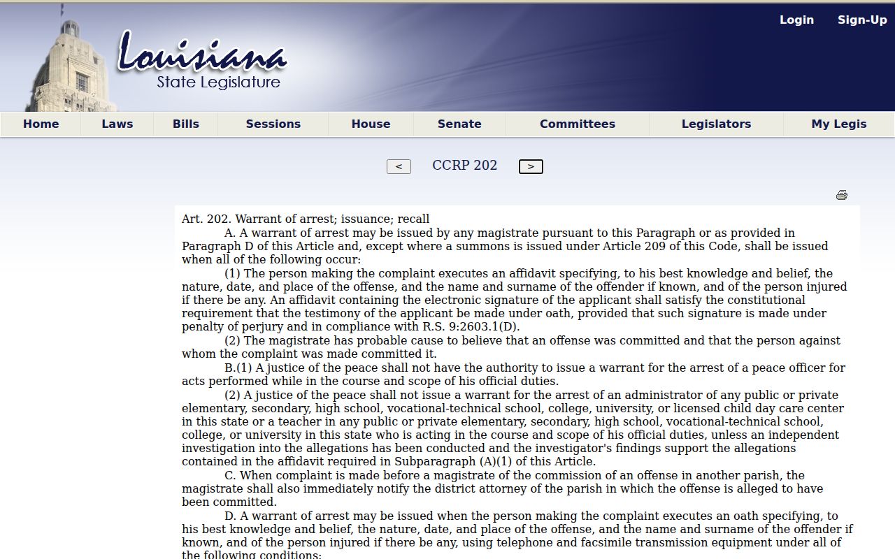 Louisiana criminal procedure article on arrest warrant probable cause for Madison Parish arrest warrant search