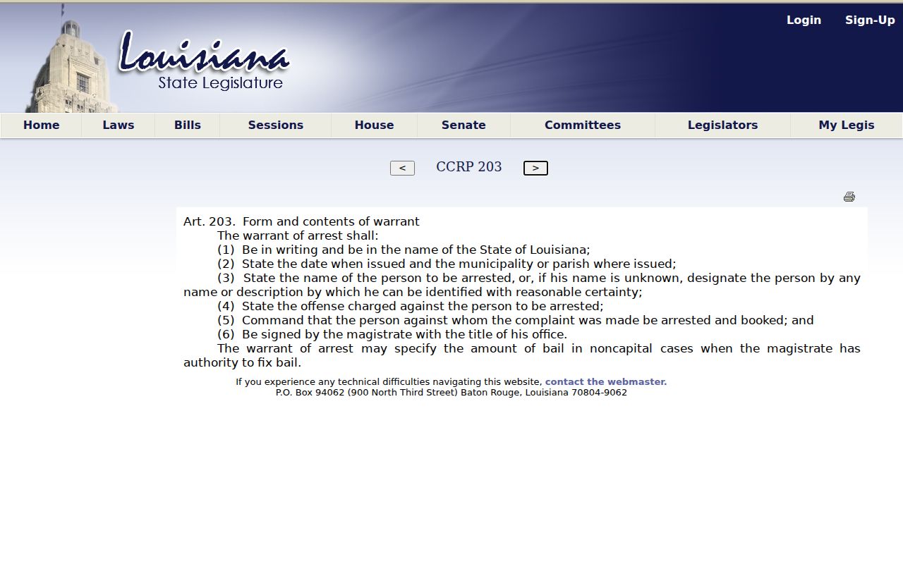 Louisiana criminal procedure article listing required arrest warrant contents for Madison Parish records