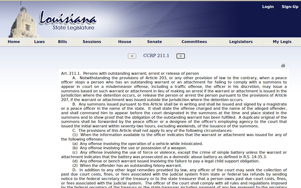 Louisiana summons in lieu of arrest statute used for Madison Parish bench warrant search guidance