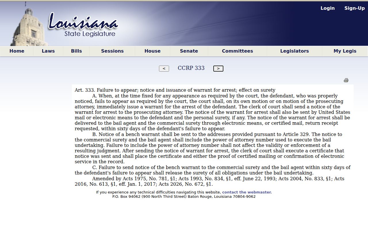 Louisiana criminal procedure article on failure to appear used for Madison Parish bench warrant search questions