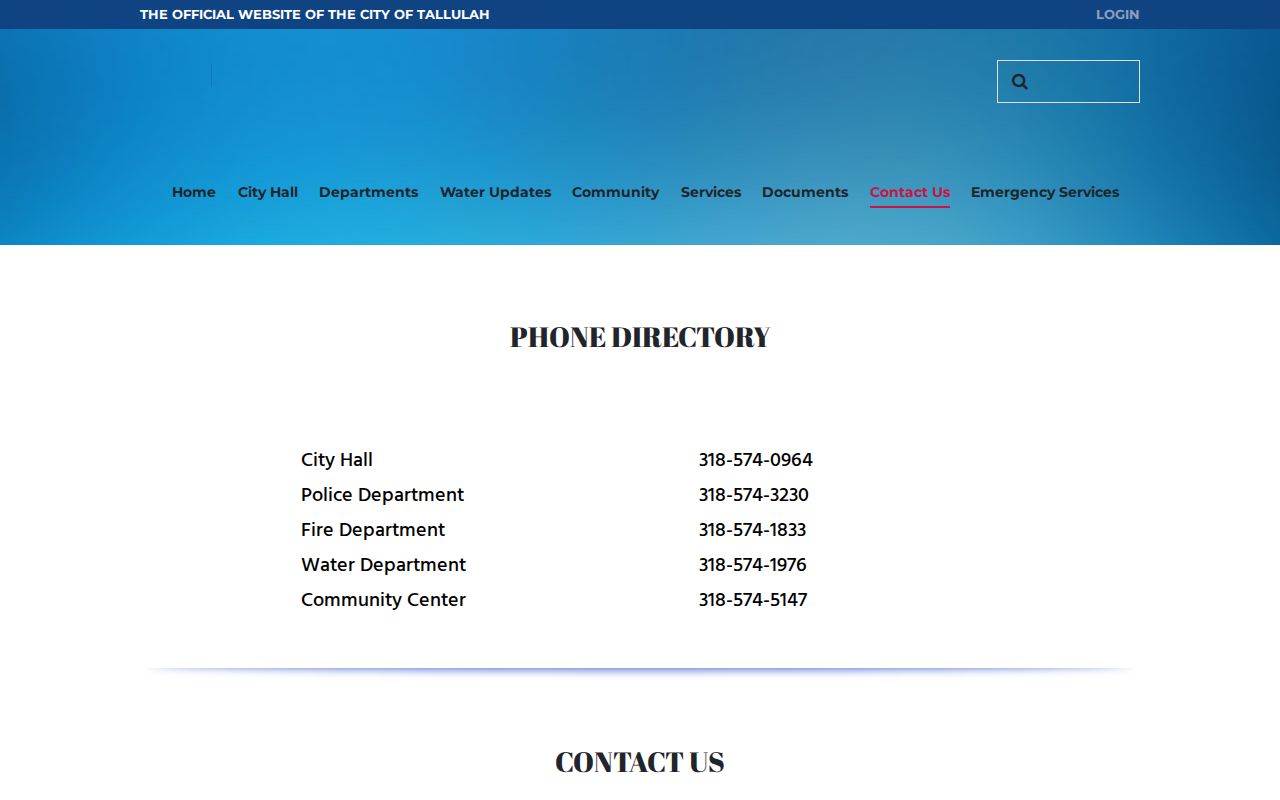 Official Tallulah city contact directory listing City Hall and police phone numbers for warrant questions