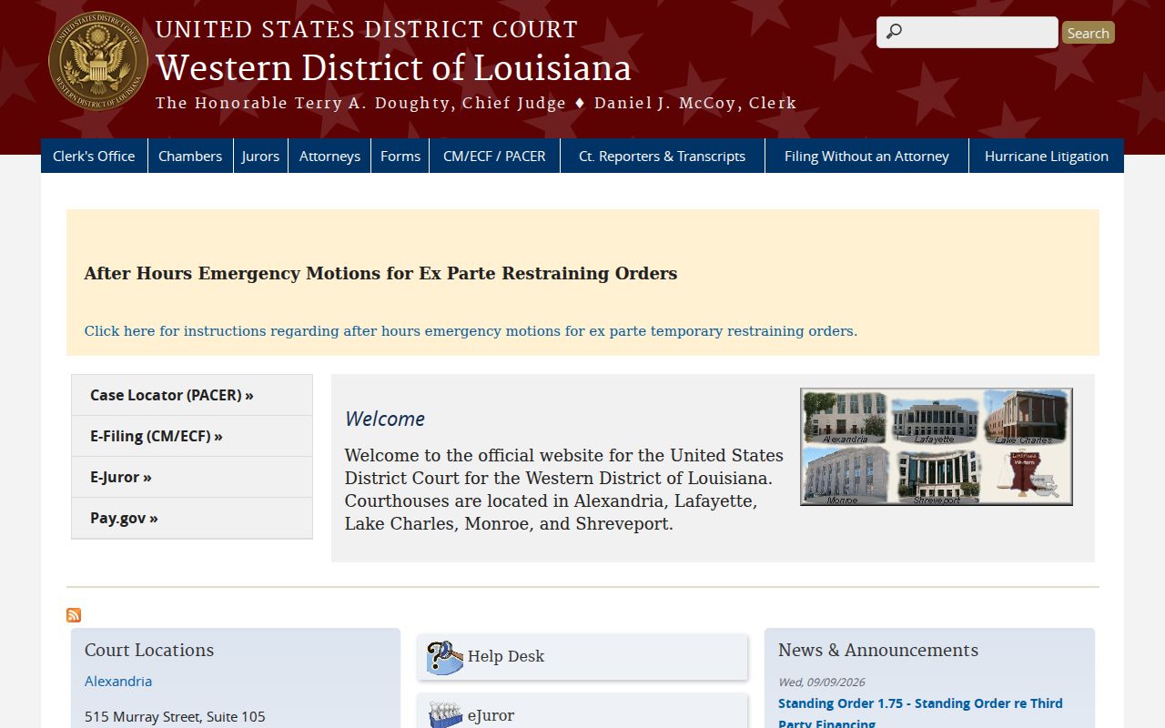 Federal courthouse network page for the Western District of Louisiana covering Madison Parish warrants