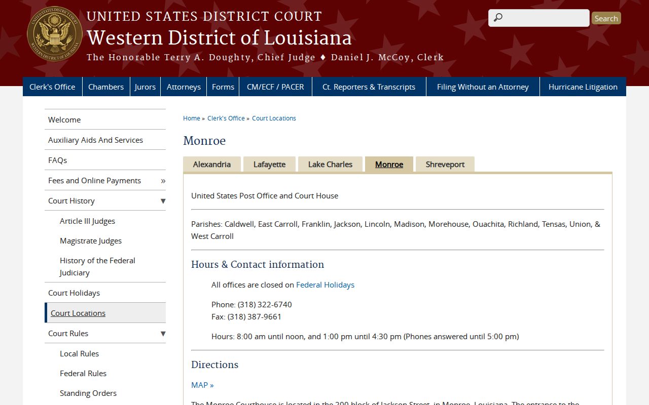 Monroe Division federal courthouse page for Madison Parish federal warrant cases involving Mound