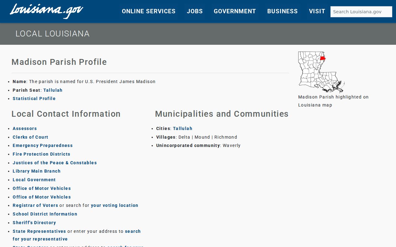 Louisiana state profile page listing Madison Parish municipal places for municipal warrant questions