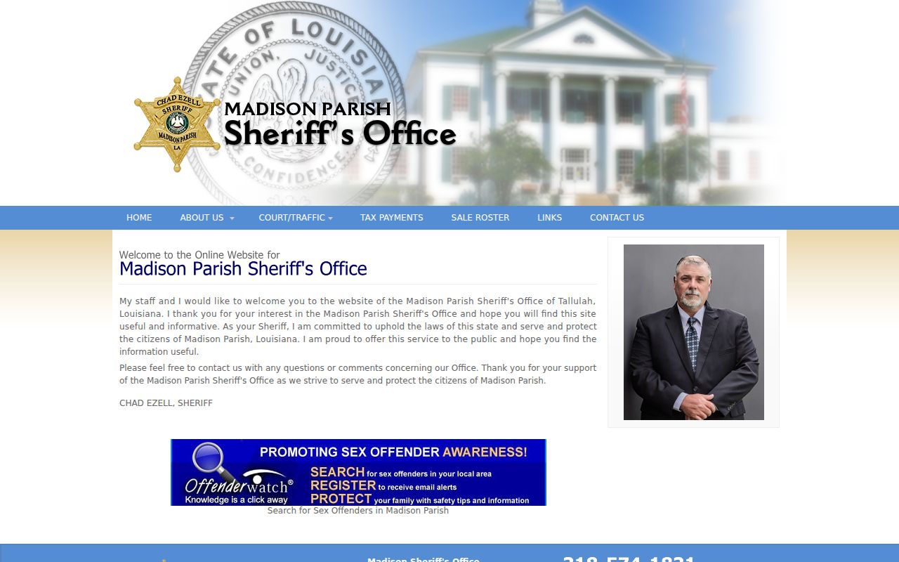 Madison Parish Sheriff's Office homepage used for Madison Parish warrant record contacts