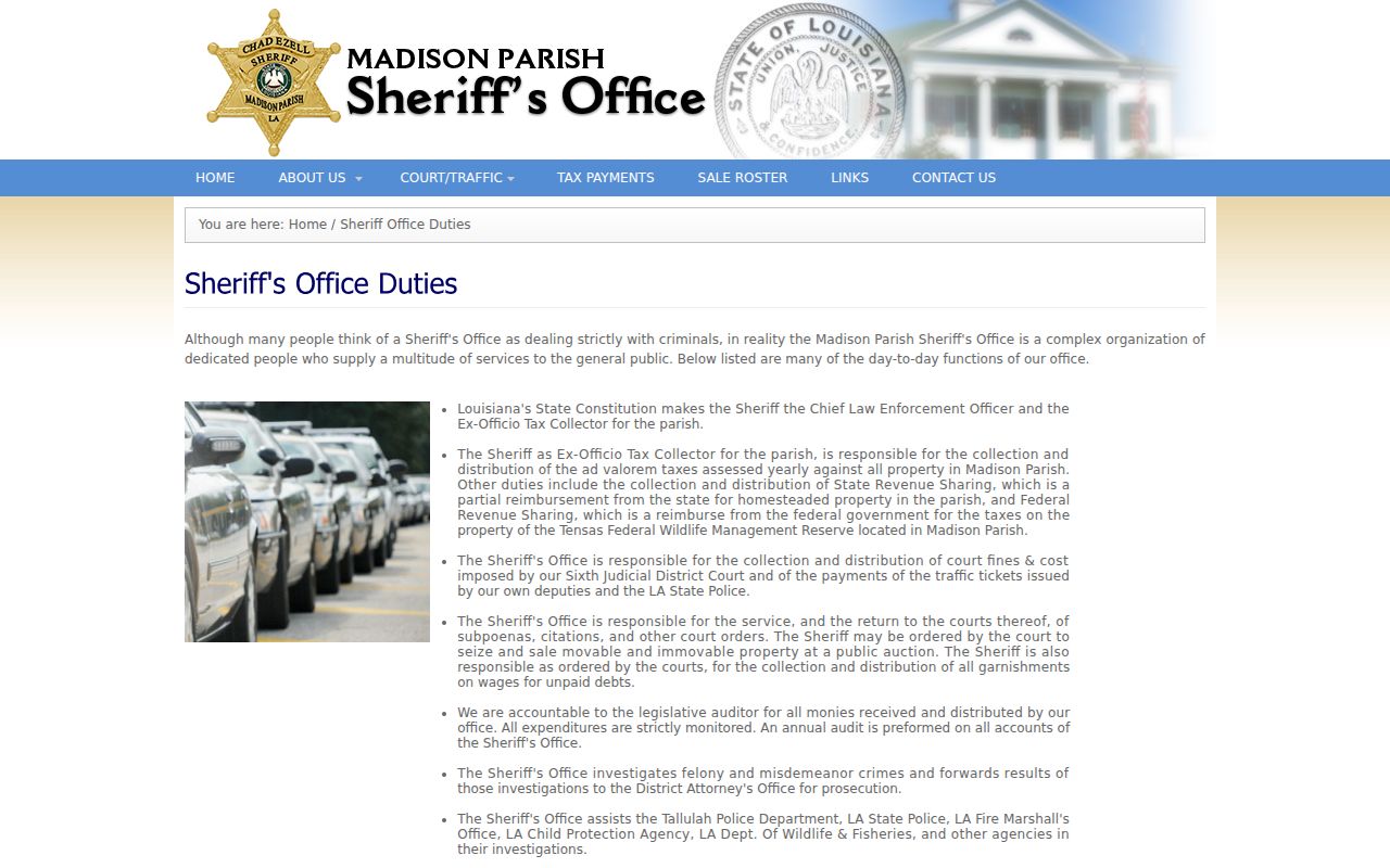 Madison Parish Sheriff's Office duties page describing warrant and court order service