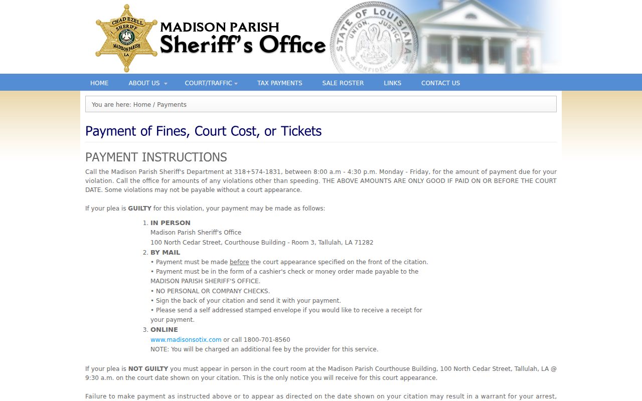 Madison Parish Sheriff's Office payment page describing traffic warrant and failure to appear consequences